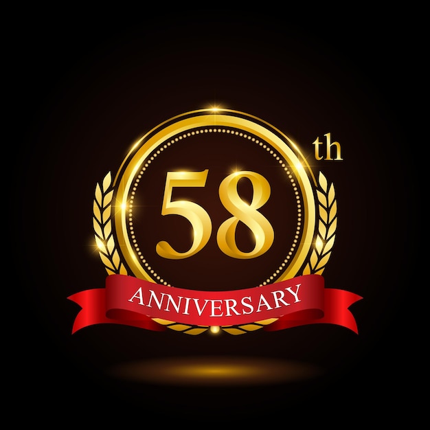 58th golden anniversary template design with shiny ring and red ribbon laurel wreath isolated on black background logo vector