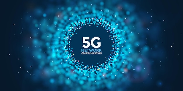 5g abstract  web banner. Fifth generation wireless mobile telecommunication service concept. Social network. Blur dots on dark blue background