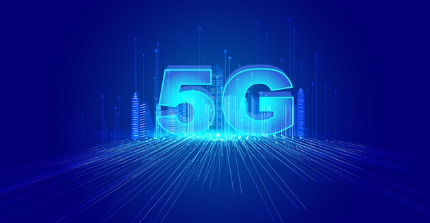 5G concept in luminous lines and urban buildings