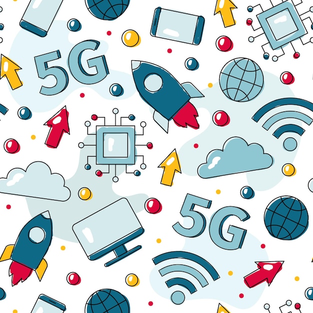 5G and highspeed WiFi internet vector seamless pattern with icons of computer and phone