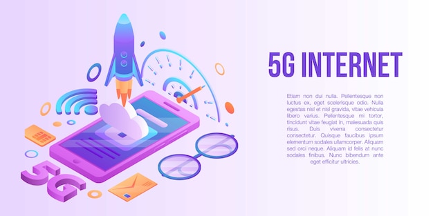 5g internet concept banner, isometric style