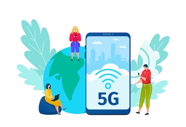 5g internet technology vector illustration Global data connection and communication People with mobile devices are sitting around big phone