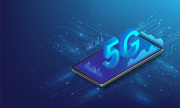 5g internet wireless isometric technology on smartphone Mobile network hitech with high speed connectionvector illustration Digital technology design isolated on blue dark background