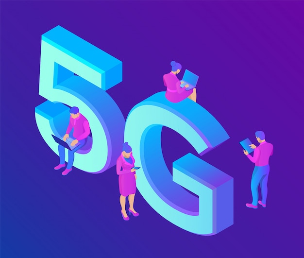 5G Network Internet Mobile technology concept with characters. 5G wireless systems and internet of things.