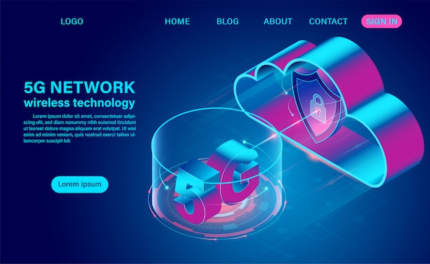 5G network wireless technology communication and cloud computing. Isometric flat design   illustration