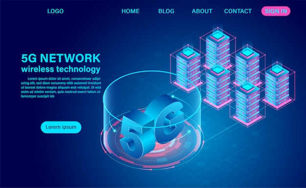 5G network wireless technology communication and data center. Isometric flat design   illustration