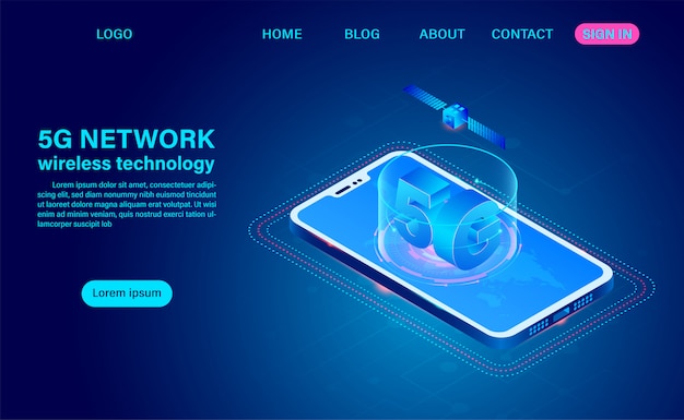 5G network wireless technology communication on mobile. Isometric flat design   illustration