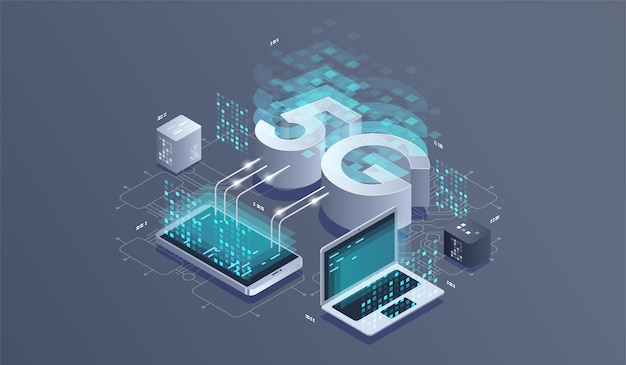 5G network wireless technology. Communication network, business isometric illustration.