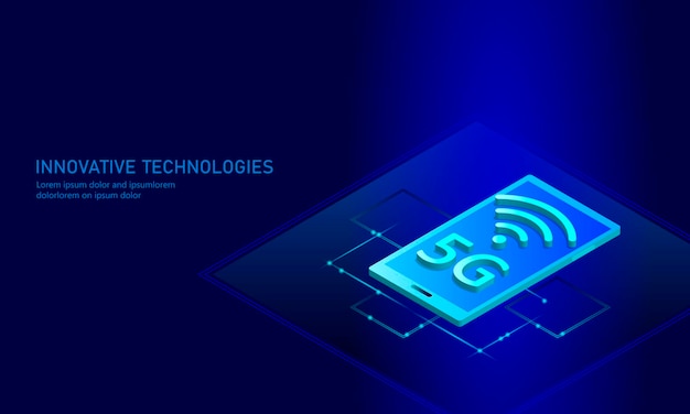 5G new wireless internet wifi connection Smartphone mobile device isometric blue 3d flat Global network high speed innovation connection data rate technology vector illustration art