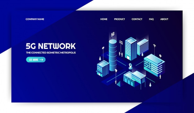 5G nework with the connected modern city landing page