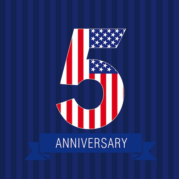 5th Anniversary as US flag logo. Celebrating icon template. 5 th place symbol concept. USA number