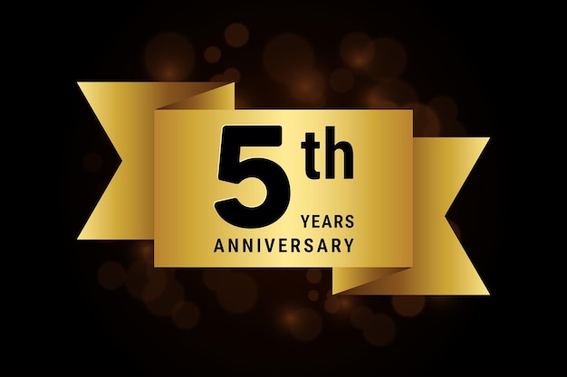 5th anniversary celebration template design with gold ribbon Logo vector illustration