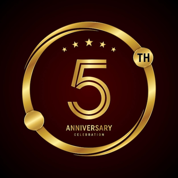 5th anniversary logo design with golden ring and number Vector template illustration