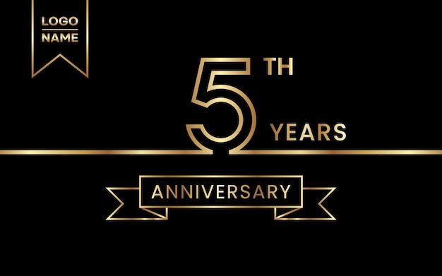 5th Anniversary template design with gold color and ribbon Line Art Design Vector Template