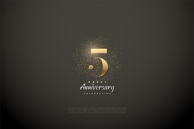 Vector 5th anniversary with golden numerals and glitter on a vignette gray background.