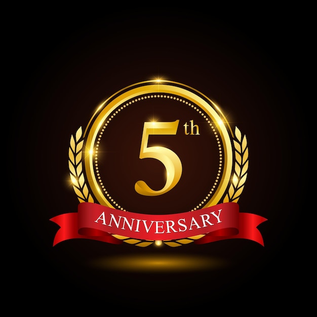 5th golden anniversary template design with shiny ring and red ribbon laurel wreath isolated on black background logo vector