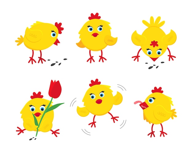 6 cute funny little chick chickens hen cartoon flat style design vector illustration set