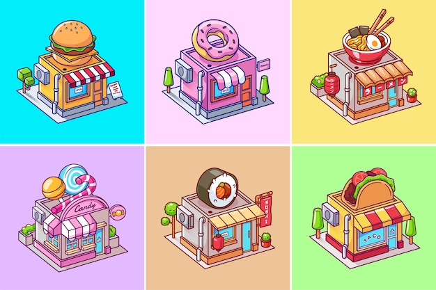 Vector 6 food shop building isometric cartoon vector icon illustration food building icon isolated flat