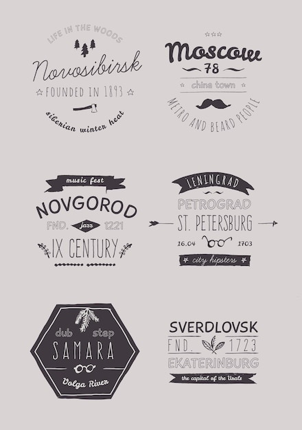 6 Hand Drawn Style Logos Trendy Retro Vintage Insignias Bundle