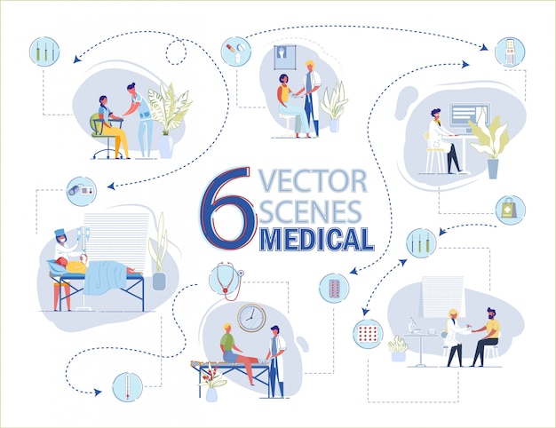 6 Medical Scenes. Doctor Bandage Injured Leg. Woman Dressing in Hospital. First Aid. Nurse Take Blood Sample with Syringe from Man. Drip Chamber Nurse Put Dropper Illustration