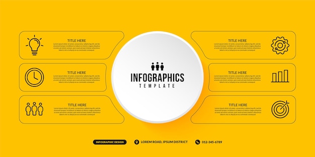 6 options infographic template on yellow background business workflow with multiple steps concept