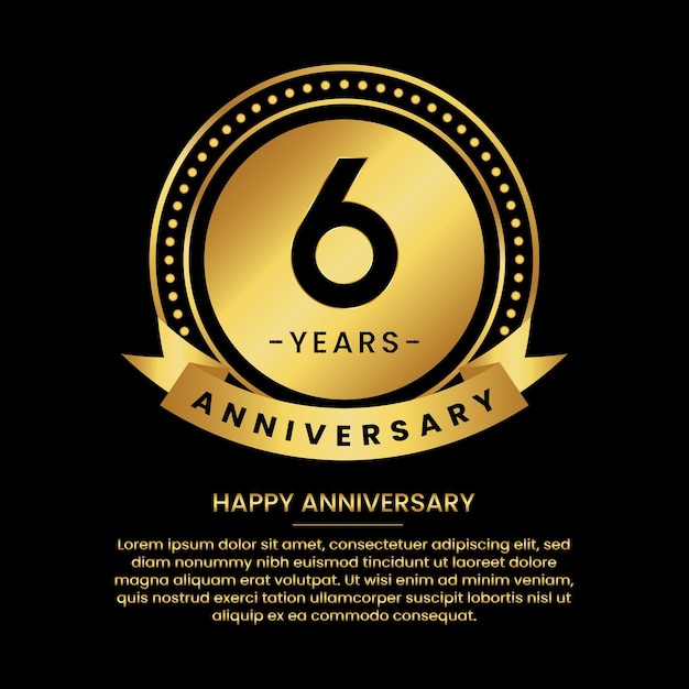 6 years anniversary banner with luxurious golden circles and halftone on a black background and replaceable text speech