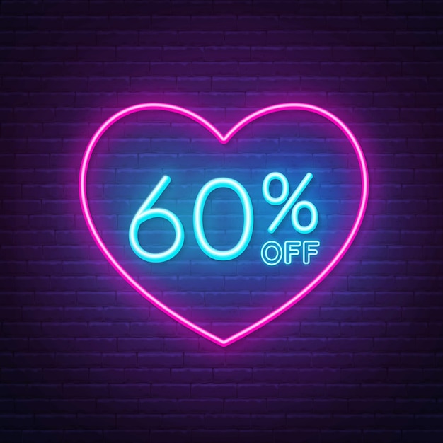 60 percent off neon sign in a heart shape frame. Valentine day discount lighting design .