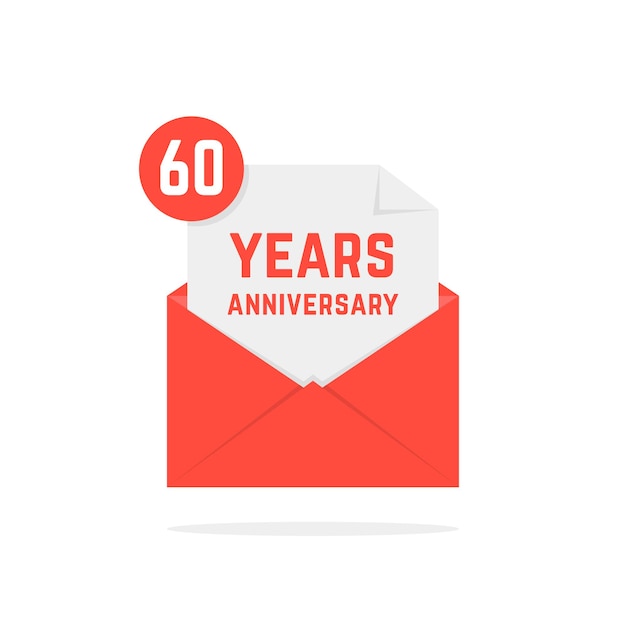 60 years anniversary missive in red envelope. concept of send sms, e-mail, decorative feast, success, advertisement typography. flat style trend modern logotype graphic design on white background