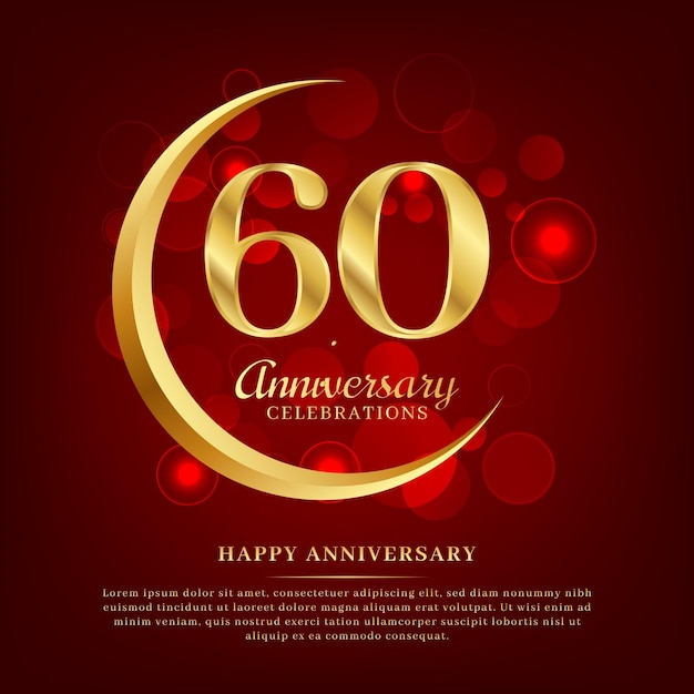 60 years anniversary with golden moon and red shiny background added with text for congratulations words