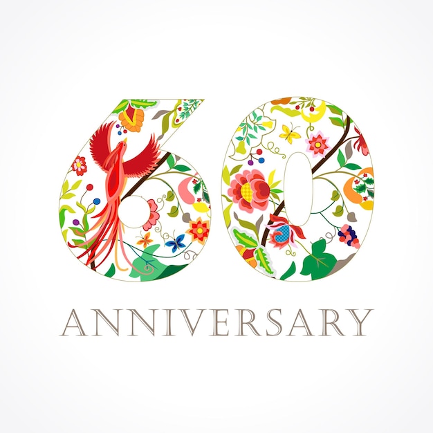 60 years old luxurious celebrating folk logo. Ethnics colored happy anniversary greetings template.