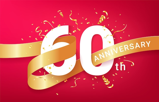 60th Anniversary celebration banner template. Big numbers with sparkles golden confetti and glitters ribbon.