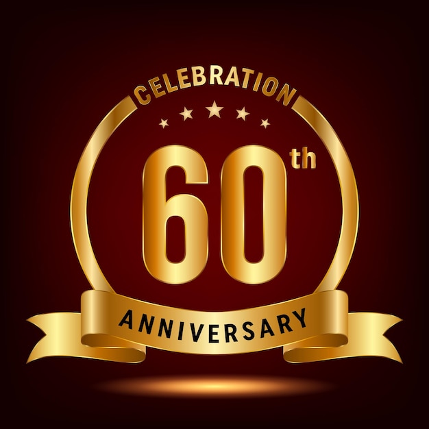 60th Anniversary Celebration logo design with ring and gold ribbon Logo Vector Template