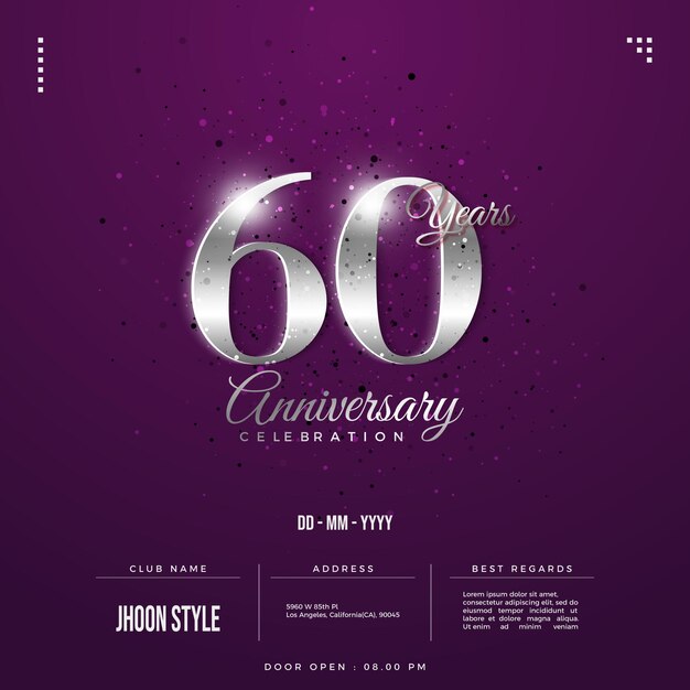 60th anniversary invitation with silver numbers on purple background