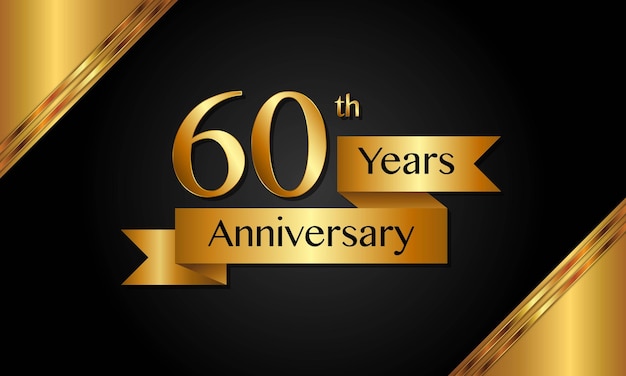 60th Anniversary template design with golden ribbon Vector template illustration