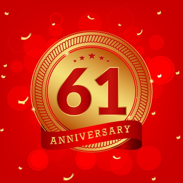 61 years anniversary with golden number and red background