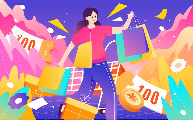 618 shopping festival girl shopping in mall with many shopping bags ecommerce vector illustration