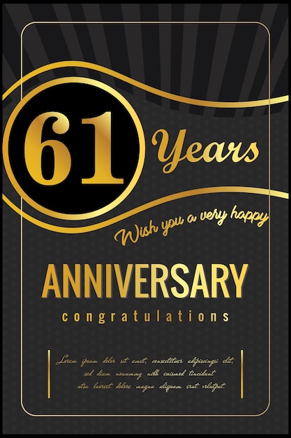 61th years anniversary, vector design for anniversary celebration with gold and black color.