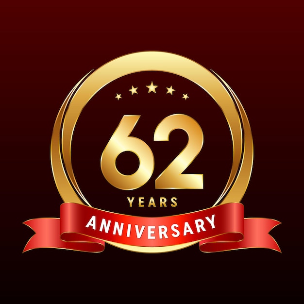 62th Anniversary logo design with golden ring and red ribbon Logo Vector Template Illustration