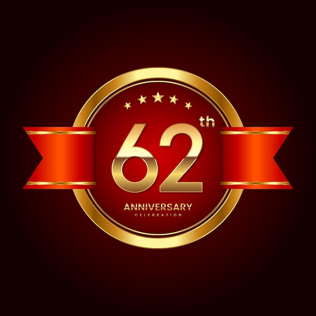 62th Anniversary logo with badge style Anniversary logo with gold color and red ribbon Logo Vector