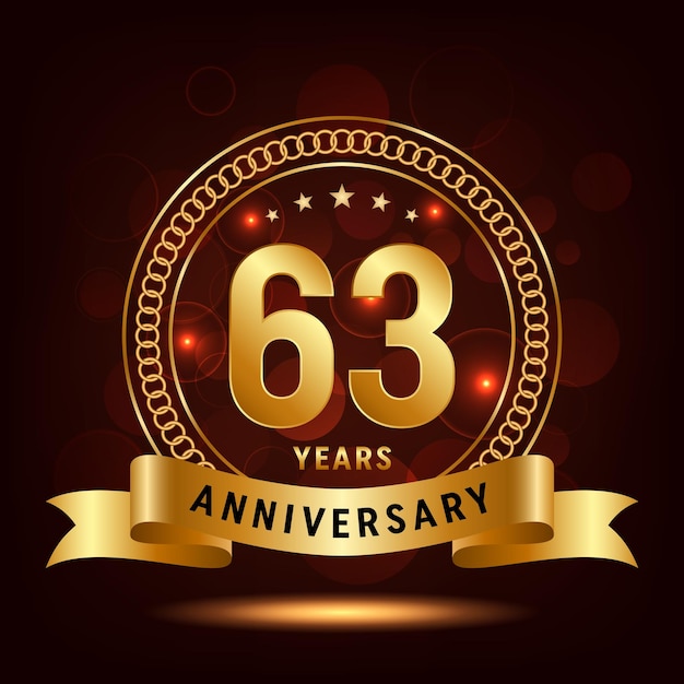 63th Anniversary Logo Golden number with sparkling confetti and ribbon Vector Template