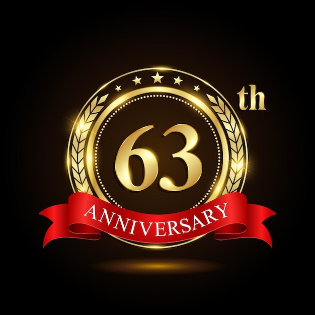 63th golden anniversary logo with shiny ring and red ribbon Laurel wrath isolated on black background vector design