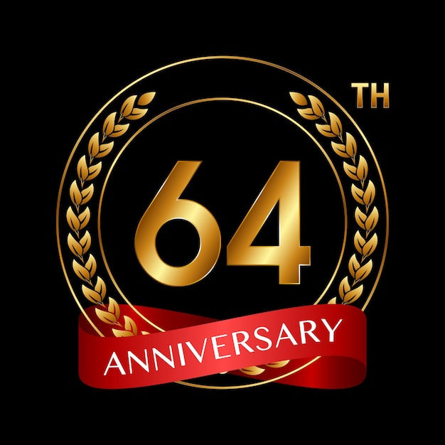 64th Anniversary Logo Design with Laurel Wreath and Red Ribbon Logo Vector Illustration