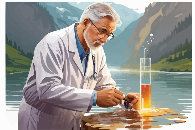 Vector a 65 year old man scientist is sampling the stagnant water for bacteria illustration