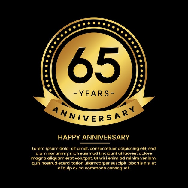 65 years anniversary banner with luxurious golden circles and halftone on a black background and replaceable text speech