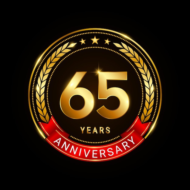 65 years anniversary golden anniversary celebration logotype with red ribbon isolated on black background vector illustration