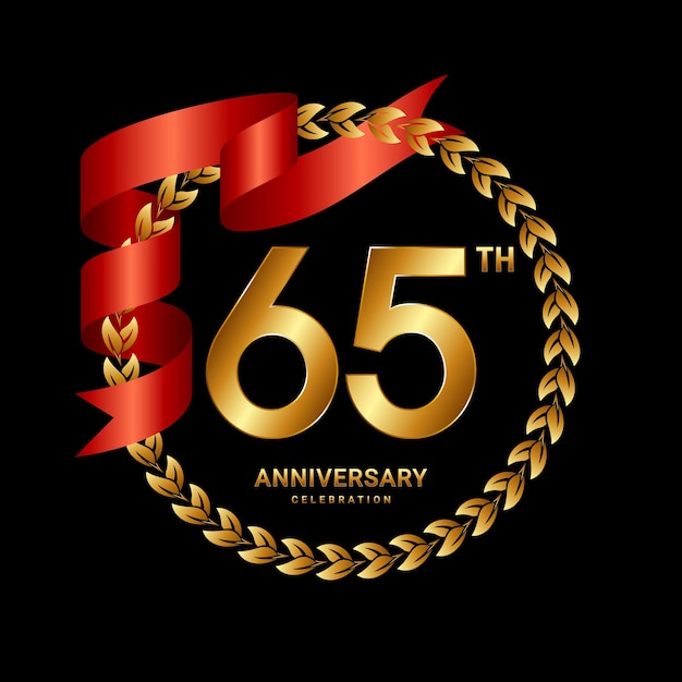 65th Anniversary Logo Design with Laurel Wreath and Red Ribbon Logo Vector Template