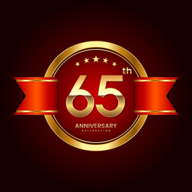 65th Anniversary logo with badge style Anniversary logo with gold color and red ribbon Logo Vector