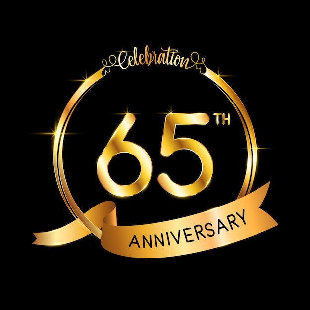 65th Anniversary template design with gold color ribbon and ring Logo Vector Illustration