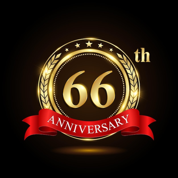 66th golden anniversary logo with shiny ring and red ribbon Laurel wrath isolated on black background vector design