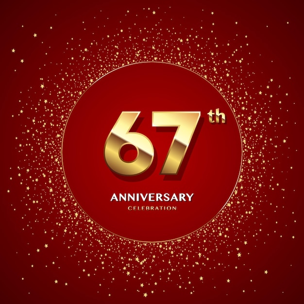 67th anniversary logo with gold numbers and glitter isolated on a red background